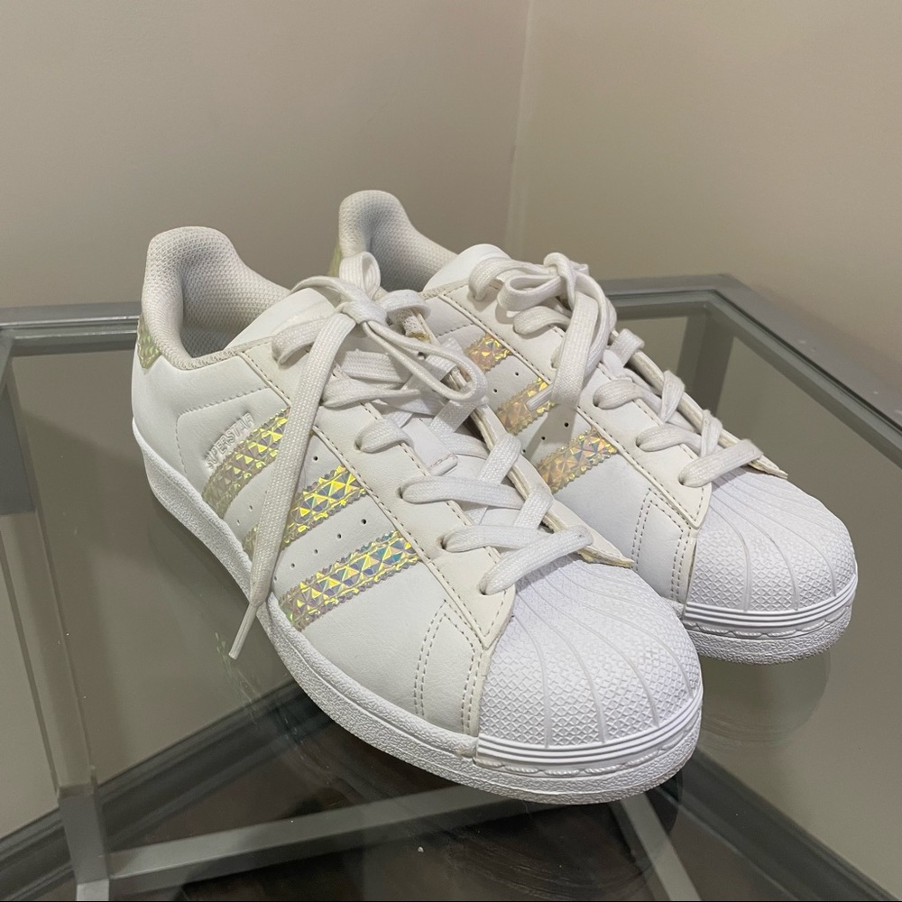 Adidas iridescent and white lace up shoes